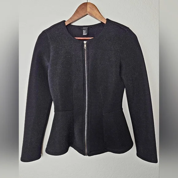 Forever 21 Dressy Black Shimmer Peplum Hem Scuba Sparkle Jacket - Size Medium - Picture 4 of 12